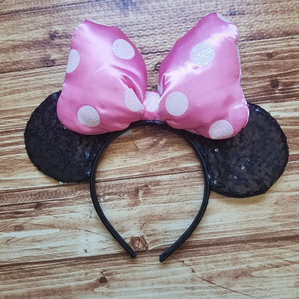 Disney Minnie Mouse Ears Headband Pink Polka Dot Bow Sequin Parks